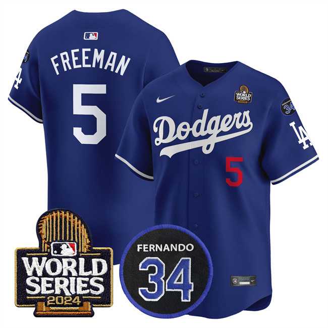 Mens Los Angeles Dodgers #5 Freddie Freeman Royal 2024 World Series With Fernando Memorial Patch Limited Stitched Baseball Jersey